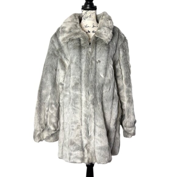 Dennis Basso Womens 1X Faux Fur Coat Mink Silver Gray USA Mob Wife - Picture 1 of 10